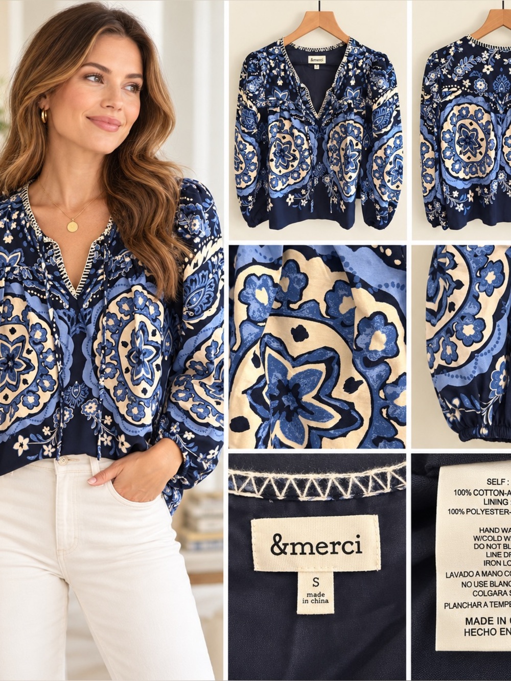 &merci Blue Floral Medallion Balloon Sleeve Blouse Size S Cotton